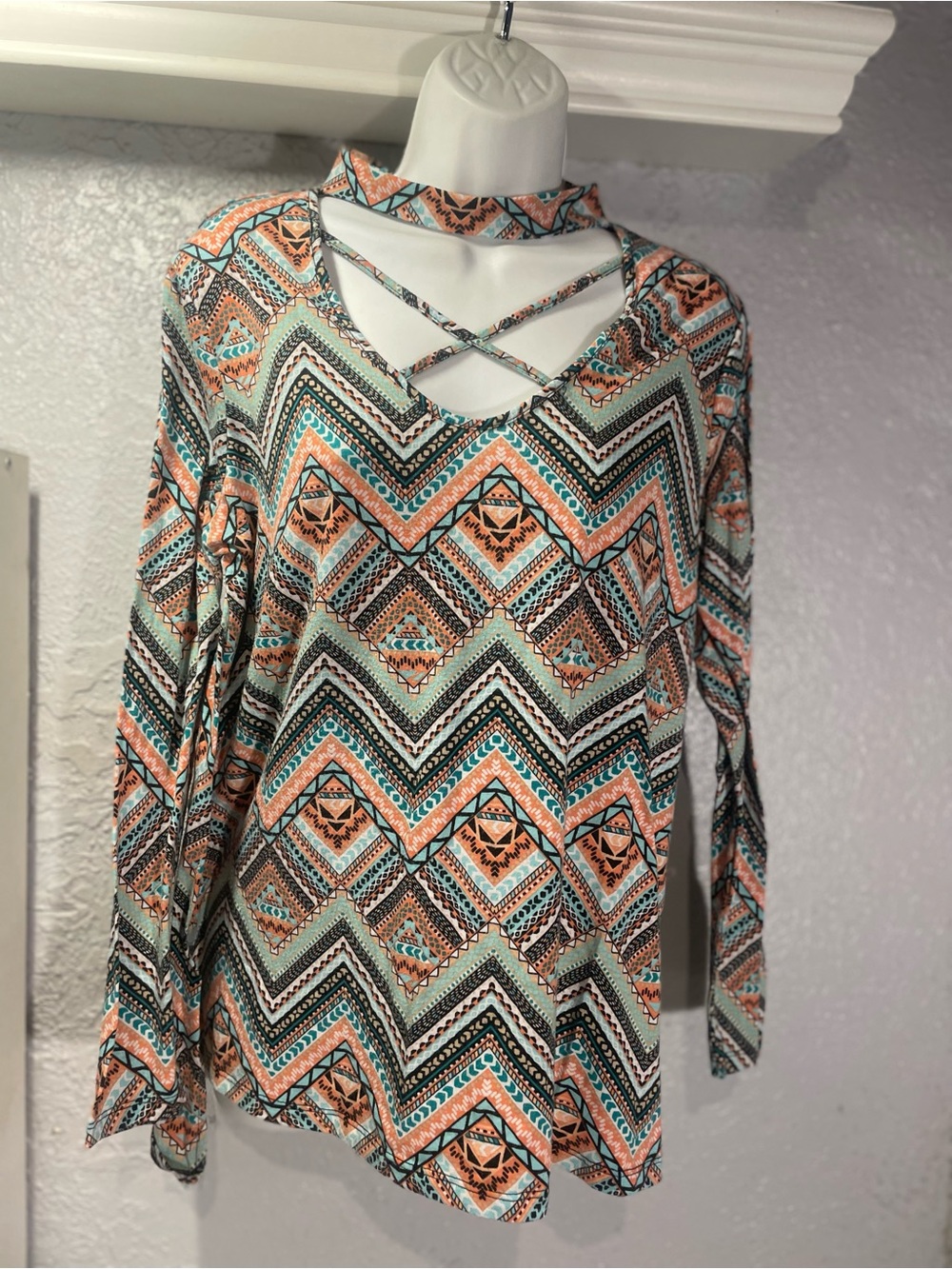 Boho Chevron Strappy Mock Neck Long Sleeve Top - Mint & Peach